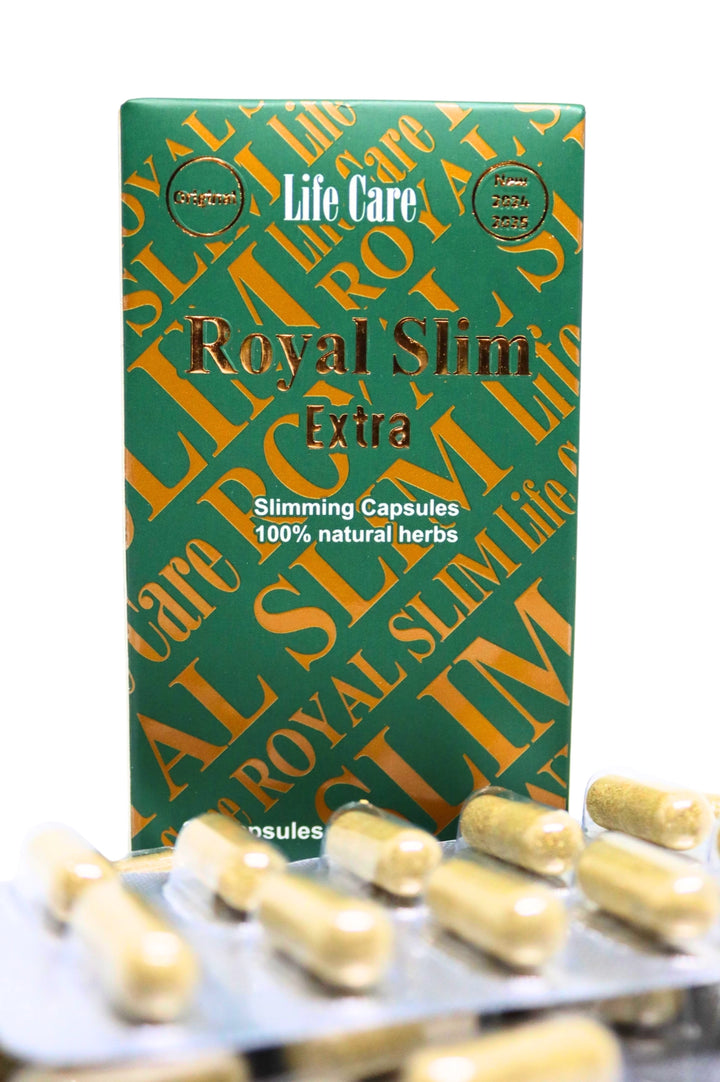 علبة رويال سليم إكسترا مع الكبسولات لمنتج حرق الدهون وتنحيف الجسم.