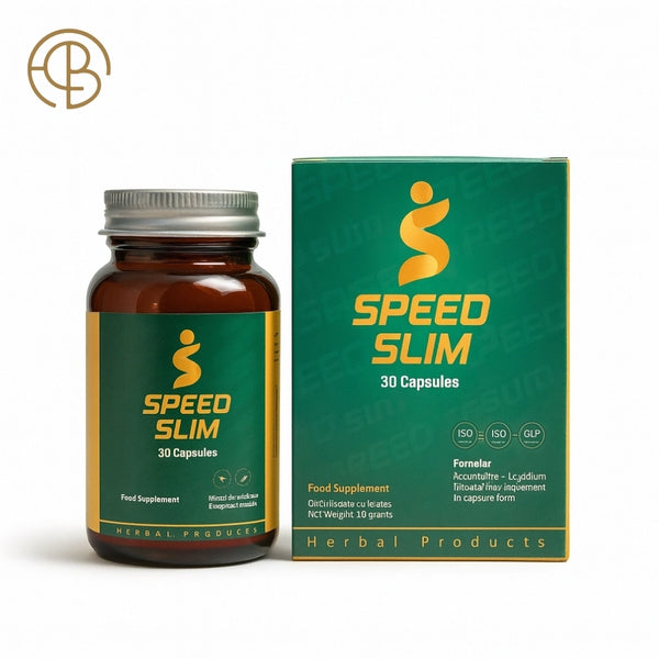 علبة مكمل Speed Slim Pro بجانب العبوة الزجاجية، عرض أمامي للمنتج على خلفية بيضاء.