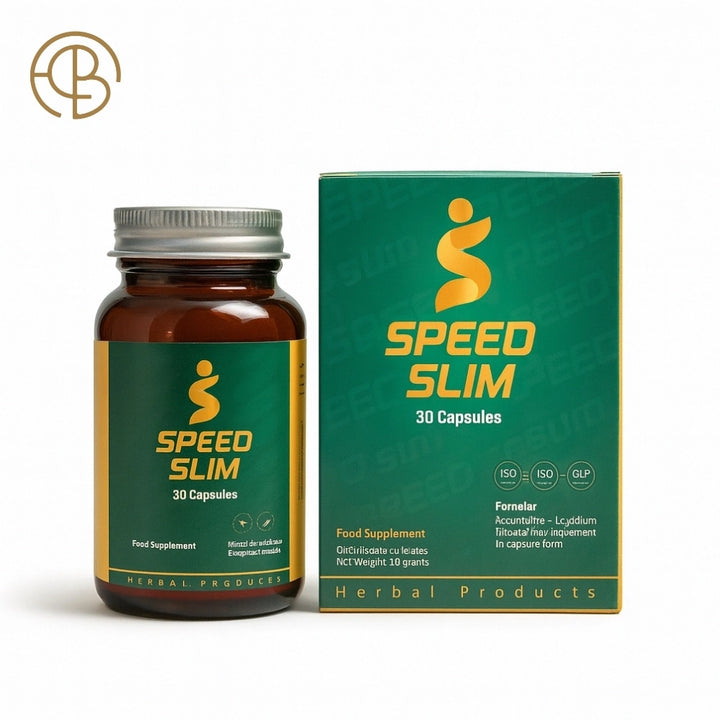علبة مكمل Speed Slim Pro بجانب العبوة الزجاجية، عرض أمامي للمنتج على خلفية بيضاء.