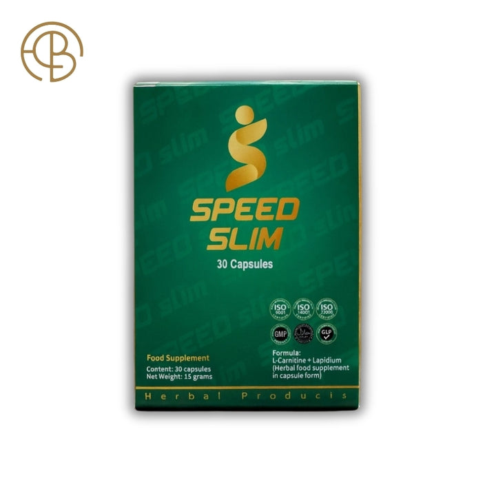 الواجهة الأمامية لعبوة مكمل Speed Slim Pro للتنظيم الغذائي، تصميم أخضر مع معلومات المنتج.