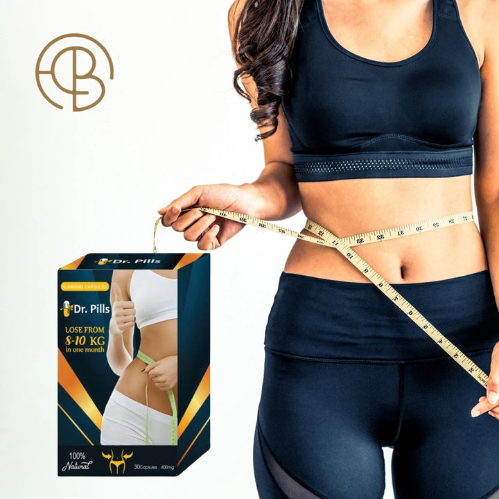 امرأة تقيس خصرها مع ظهور علبة كبسولات Dr.Pills للتنحيف