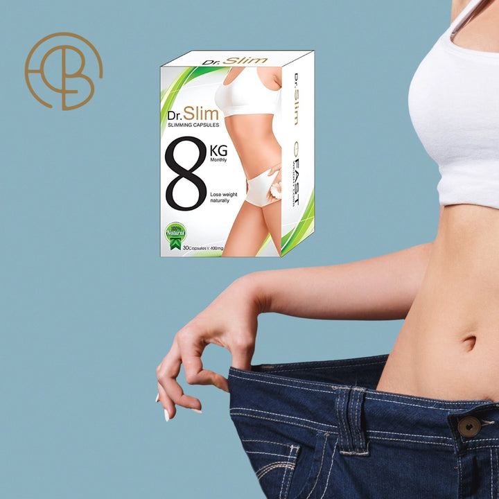 صورة علبة Dr Slim مع لقطة خصر نحيف لتوضيح نتائج خسارة الوزن