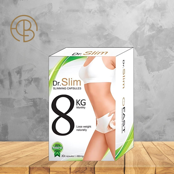 علبة كبسولات Dr Slim للتنحيف توضح فقدان 8 كيلو شهرياً بشكل طبيعي